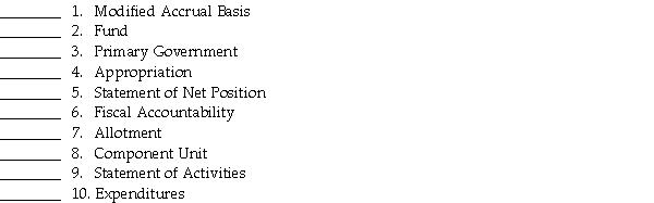 Match the following definitions to the appropriate government accounting terms (numbered below).