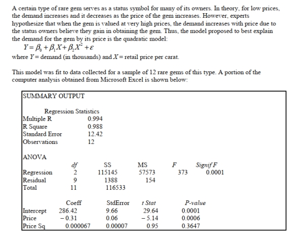 <strong>SCENARIO 15-1 Referring to Scenario 15-1, what is the value of the test statistic for testing whether there is an Upward curvature in the response curve relating the demand (Y)and the price (X)?</strong> A) -5.14 B) 0.95 C) 373 D) None of the above.