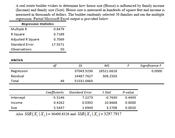 <strong>SCENARIO 14-4 14-10 Introduction to Multiple Regression Referring to Scenario 14-4, suppose the builder wants to test whether the coefficient on Size is Significantly different from 0.What is the value of the relevant t-statistic?</strong> A) -0.7630 B) 3.2708 C) 10.8668 D) 60.0864