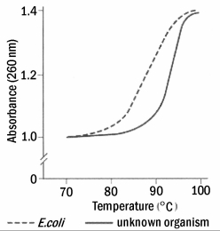 A recently isolated bacterial strain has been given to you for general characterization of the genome.You begin by isolating the DNA and subjecting it to thermal denaturation.You use Escherichia coli DNA as a reference (A + T = G +C). Figure 18.1 Based on the information in the graph, you can determine that the DNA has a high