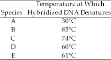The following questions refer to the information below. A researcher compared the nucleotide sequences of a homologous gene from five different species of mammals with the homologous human gene. The sequence homology between each species' version of the gene and the human gene is presented as a percentage of similarity. Figure 26.3 When sufficient heat is applied, double-stranded DNA denatures into two single-stranded molecules as the heat breaks all of the hydrogen bonds. In an experiment, molecules of single-stranded DNA from species X are separately hybridized with putatively homologous single-stranded DNA molecules from five species (A-E). The hybridized DNAs are then heated, and the temperature at which complete denaturation occurs is recorded. Based on the data below, which species is probably most closely related to species X?