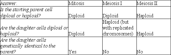 Complete the following table concerning mitosis and meiosis: