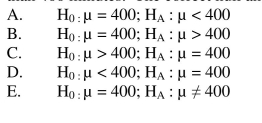 A manufacturer of cordless electric shavers sampled 13 from a day's production And found the mean time of continuous usage without recharging to be 410 minutes with a sample standard deviation of 30 minutes. We can assume that times are normally Distributed. We wish to test if the true mean operating time without recharging is more Than 400 minutes. The correct null and alternative hypotheses are