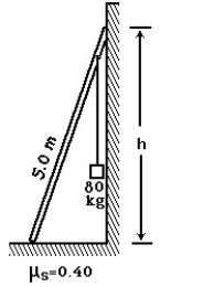 <strong> A 50 kg uniform ladder,5.0 m long,is placed against a smooth wall at a height of h = 3.7 m.The base of the ladder rests on a rough horizontal surface whose coefficient of static friction is 0.40.An 80 kg block is suspended from the top rung of the ladder,just at the wall.In the figure,the magnitude of the force exerted on the base of the ladder,due to contact with the rough horizontal surface is closest to:</strong> A)1580 B)1560 C)1550 D)1600 E)1610