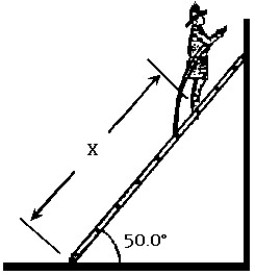<strong> In the figure,a ladder of weight 200 N and length 10 meters leans against a smooth wall (no friction on wall).A firefighter of weight 600 N climbs a distance x up the ladder.The coefficient of friction between the ladder and the floor is 0.5.What is the maximum value of x if the ladder is not to slip?</strong> A)3.93 m B)5.00 m C)6.04 m D)6.28 m E)8.44 m