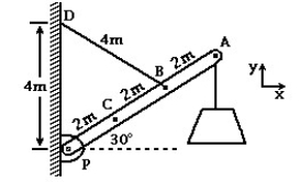 <strong> A 100 kg nonuniform boom,6.0 m long,is loosely pinned at the pivot at P.A 700 kg block is suspended from the end of the boom at A.The boom forms a 30° angle with the horizontal,and is supported by a cable,4.0 m long,between points D and B.Point B is 4.0 m from P,and point D is 4.0 m above P.The center of mass of the boom is at point C,which is 2.0 m from P.In the figure,the y-component of the pivot force on the boom at P is closest to:</strong> A)2500 N B)4200 N C)6100 N D)7800 N E)8100 N
