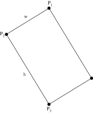 <strong>A rectangular sign h = 20.0 cm high and w = 11.0 cm wide loses three of its four support bolts and rotates into the position as shown,with P<sub>1</sub> directly over P<sub>3</sub>.It is supported by P<sub>2</sub>,which is so tight it holds the sign from further rotation.Find the gravitational torque about P<sub>2</sub>,if the mass of the sign is 5.0 kg. </strong> A)4.7 Nm B)2.6 Nm C)0.27 Nm D)0.48 Nm