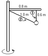 <strong> A ball of mass 8.0 kg is suspended by two wires from a horizontal arm,which is attached to a vertical shaft,as shown in the figure.The shaft is in uniform rotation about its axis such that the linear speed of the ball equals 2.3 m/s.The tension in wire 1 is closest to:</strong> A)39 N B)49 N C)29 N D)20 N E)9.8 N