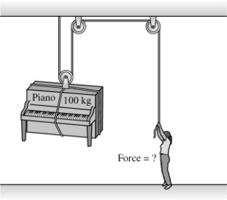 <strong>A piano mover raises a 100 kg piano at a constant rate using a frictionless pulley system,as shown in the figure.With roughly what force is the mover pulling down on the rope? </strong> A)2000 N B)1000 N C)500 N D)250 N E)Depends on the velocity!