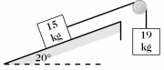 <strong>A 15 kg block is on a ramp that is inclined at 20° above the horizontal.It is connected by a string to a 19 kg mass that hangs over the top edge of the ramp.Assuming that frictional forces may be neglected,what is the magnitude of the acceleration of the 19 kg block? (See the figure. ) </strong> A)4.0 m/s<sup>2</sup> B)3.8 m/s<sup>2</sup> C)4.2 m/s<sup>2</sup> D)4.5 m/s<sup>2</sup>