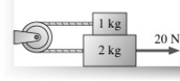 <strong>A rope pulls on the lower block in the figure with a tension force of 20 N.The coefficient of kinetic friction between the lower block and the surface is 0.16.The coefficient of kinetic friction between the lower block and the upper block is also 0.16.What is the acceleration of the 2.0 kg block? </strong> A)6.9 m/s<sup>2</sup> B)7.6 m/s<sup>2</sup> C)8.4 m/s<sup>2</sup> D)9.2 m/s<sup>2</sup>