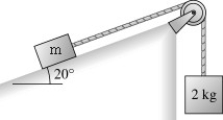 <strong>The figure shows a block of mass m resting on a 20° slope.The block has coefficients of friction µs = 0.55 and µk = 0.45 with the surface.It is connected via a massless string over a massless,frictionless pulley to a hanging block of mass 2.0 kg.What is the minimum mass m that will stick and not slip? </strong> A)2.3 kg B)3.9 kg C)1.4 kg D)3.8 kg