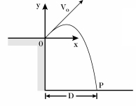<strong>A projectile is fired at time t = 0.0 s,from point 0 at the edge of a cliff,with initial velocity components of v<sub>ox</sub> = 30 m/s and v<sub>oy </sub>=300 m/s.The projectile rises,then falls into the sea at point P.The time of flight of the projectile is 75.0 s. In the figure,the horizontal distance D is closest to:</strong> A)2250 m B)2520 m C)2790 m D)3060 m E)3330 m