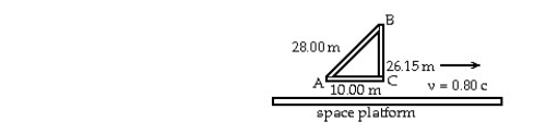 <strong> A right-angled construction frame ABC,when measured at rest,has dimensions as follows: AB = 28.00 m,AC = 10.00 m,and BC = 26.15 m.The frame is given a velocity of 0.80 c,relative to the space platform,in a direction parallel to AC.The dimensions of the moving frame are measured simultaneously by observers on the platform.In the figure,the length AB measured by these observers is closest to:</strong> A)26.8 m B)27.4 m C)26.2 m D)25.7 m E)28.0 m