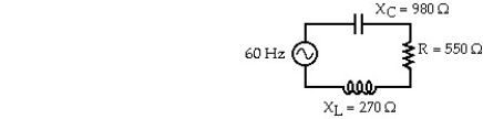 The 60 Hz ac source of a series circuit has a voltage amplitude of 120 V.The capacitive and inductive reactances are 980 Ω and 270 Ω,respectively.The resistance is 550 Ω.In the figure,the capacitance,in μF,is closest to: