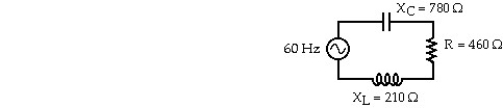 <strong>  The 60 Hz ac source of a series circuit has a voltage amplitude of 120 V.The capacitive and inductive reactances are 780 Ω and 210 Ω.respectively.The resistance is 460 Ω.In the figure,the rms current in the circuit is closest to:</strong> A)0.12 A B)0.13 A C)0.14 A D)0.16 A E)0.18 A <div style=padding-top: 35px> 