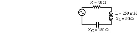 A series AC circuit is shown.The inductor has a reactance of 50 Ω and an inductance of 250 mH.A 40 Ω resistor and a capacitor whose reactance is 150 ohms are also in the circuit.The rms current in the circuit is 2.0 A.In the figure,the rms voltage of the source is closest to: