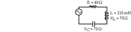 A series AC circuit is shown.The inductor has a reactance of 70 Ω and an inductance of 210 mH.A 40 Ω resistor and a capacitor whose reactance is 70 Ω are also in the circuit.The rms current in the circuit is 1.9 A.In the figure,the capacitance of the capacitor is closest to: