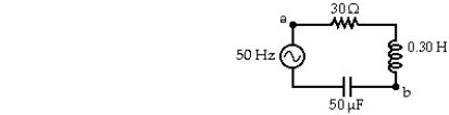 A series circuit has a 50 Hz AC source,a 30 Ω resistor,a 0.30 H inductor,and a 50 μF capacitor,as shown.The rms current in the circuit is 1.6 A.In the figure,the voltage amplitude of the source is closest to: