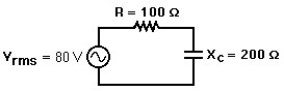 An AC source whose rms voltage is 80 V is in series with a 100 Ω resistor and a capacitor whose reactance is 200 Ω at the frequency of the source.In the figure,the rms voltage across the capacitor is closest to: