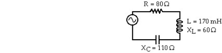 <strong>  A series AC circuit is shown.The inductor has a reactance of 60 Ω and an inductance of 170 mH.A 80 Ω resistor and a capacitor whose reactance is 110 Ω are also in the circuit.The rms current in the circuit is 1.6 A.In the figure,the voltage amplitude across the capacitor is closest to:</strong> A)250 V B)180 V C)320 V D)390 V E)110 V <div style=padding-top: 35px> 