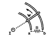 <strong>  In the figure,a straight wire carries a steady current I.A bar is in contact with a pair of circular rails and rotates about the straight wire.The induced current through the resistor R is:</strong> A)zero B)from a to b C)from b to a <div style=padding-top: 35px> 