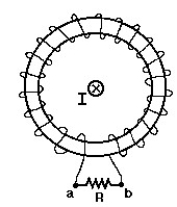 <strong>  In the figure,a straight wire carries a current I.The wire passes through the center of a toroidal coil.The current is quickly reduced to zero.The induced current through the resistor R is:</strong> A)zero B)from a to b C)from b to a <div style=padding-top: 35px> 