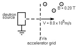 <strong> A mass spectrograph is operated with deuterons, which have a charge of +e and a mass of 3.34 × 10<sup>-27</sup> kg. Deuterons emerge from the source, which is grounded with negligible velocity. The velocity of the deuterons as they pass through the accelerator grid is 8.0 × 10<sup>5</sup> m/s. A uniform magnetic field of magnitude B = 0.20 T, directed out of the plane, is present at the right of the grid. In the figure,the deuterons are in circular orbit in the magnetic field.The radius of the orbit and the initial sense of deflection are closest to:</strong> A)60 mm,upward B)70 mm,upward C)60 mm,downward D)70 mm,downward E)80 mm,downward