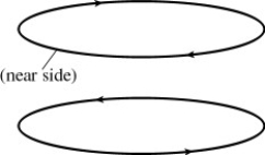 <strong>A ring with a clockwise current (as seen from above the ring)is situated with its center directly above another ring,which has a counterclockwise current,as shown in the figure.In what direction is the net magnetic force exerted on the top ring? </strong> A)upward B)downward C)The net force is zero. D)Impossible to determine