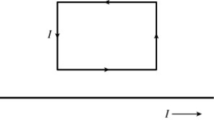 <strong>A long straight wire has a constant current flowing to the right.A square ring is situated above the wire,and also has a constant current flowing through it (as shown).Which of the following statements is true? </strong> A)The net magnetic force on the ring is upward,and there is also a net torque on the ring. B)The net magnetic force on the ring is zero,and the net torque is zero. C)The net magnetic force on the ring is downward,and there is also a net torque on the ring. D)The net magnetic force on the ring is zero,but there is a net torque on the ring. E)The net magnetic force on the ring is downward,and the net torque is zero.