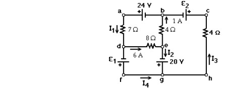 <strong> A multiloop circuit is given.It is not necessary to solve the entire circuit.In the figure shown,the emf ε<sub>1</sub> is closest to:</strong> A)-28 V B)28 V C)68 V D)72 V E)-72 V