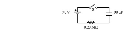 <strong> Initially,for the circuit shown,the switch S is open and the capacitor is uncharged.The switch S is closed at time t = 0.In the figure shown,when the time t is equal to 8.0 s,the charge on the capacitor,in μC,is closest to:</strong> A)2300 B)1800 C)2700 D)3200 E)3600