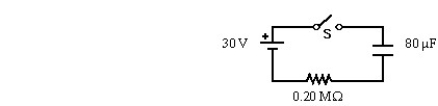 <strong> Initially,for the circuit shown,the switch S is open and the capacitor is uncharged.The switch S is closed at time t = 0.In the figure shown,when the time t is equal to 20.0 s,the potential difference across the resistor is closest to:</strong> A)8.6 V B)10 V C)12 V D)14 V E)15 V