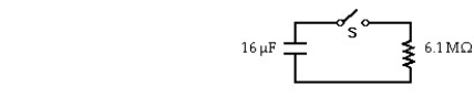 <strong> Initially,for the circuit shown,the switch S is open and the capacitor voltage is 80 V.The switch S is closed at time t = 0.In the figure shown,the capacitor voltage when the time t is equal to 40.0 s is closest to:</strong> A)53 V B)60 V C)66 V D)73 V E)80 V