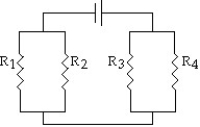 <strong>Draw a circuit with a battery connected to four resistors,R<sub>1</sub>,R<sub>2</sub>,R<sub>3</sub>,and R<sub>4</sub>.Resistors R<sub>1</sub> and R<sub>2</sub> are connected in parallel,resistors R<sub>3</sub> and R<sub>4</sub> are connected in parallel,and both parallel pairs of resistors are connected in series.</strong> A) B) C) D)