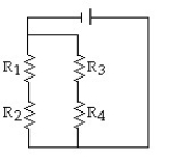 <strong>Draw a circuit with a battery connected to four resistors,R<sub>1</sub>,R<sub>2</sub>,R<sub>3</sub>,and R<sub>4</sub>.Resistors R<sub>1</sub> and R<sub>2</sub> are connected in parallel,resistors R<sub>3</sub> and R<sub>4</sub> are connected in parallel,and both parallel pairs of resistors are connected in series.</strong> A) B) C) D)
