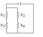 <strong>Draw a circuit with a battery connected to four resistors,R<sub>1</sub>,R<sub>2</sub>,R<sub>3</sub>,and R<sub>4</sub>.Resistors R<sub>1</sub> and R<sub>2</sub> are connected in parallel,resistors R<sub>3</sub> and R<sub>4</sub> are connected in parallel,and both parallel pairs of resistors are connected in series.</strong> A) B) C) D)