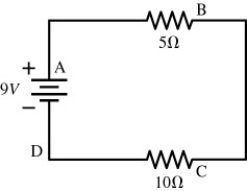 <strong>A 9 V battery is hooked up to two resistors in series.One has a resistance of 5 Ω,and the other has a resistance of 10 Ω.Several locations along the circuit are marked with letters,as shown in the figure.Which statement is true? </strong> A)The current at A is equal to the current at B,which is equal to the current at C,which is equal to the current at D. B)The current at A is greater than the current at B,which is equal to the current at C,which is greater than the current at D. C)The current at A is greater than the current at B,which is greater than the current at C,which is greater than the current at D.