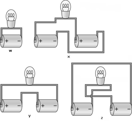 <strong>Identical batteries are connected in different arrangements to the same lightbulb,as shown in the figure.For which arrangement will the bulb shine the least? </strong> A)w B)x C)y D)z