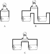 <strong>Identical batteries are connected in different arrangements to the same lightbulb,as shown in the figure.For which arrangement will the bulb shine the brightest? </strong> A)A B)B C)C