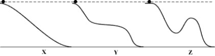<strong>A ball can be rolled down one of four different ramps,as shown below.The final elevation loss of each of the ramps is the same.Neglecting friction,for which ramp will the speed of the ball be the highest at the bottom? </strong> A)The speed of the ball will be the same for all ramps. B)Ramp X C)Ramp Y D)Ramp Z