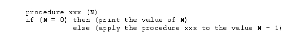 <strong>Which of the following is the base case in the recursive procedure below? </strong> A) N > 0 B) N = 0 C) N < 0