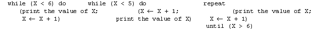<strong>Which of the following does not print the same sequence of numbers as the others?</strong> A) X \leftarrow 5 B) X \leftarrow 4 C) X \leftarrow 5