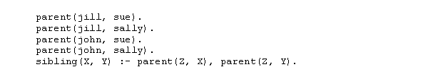 Based on the Prolog program below, what goal should be used to find the siblings of sue? _________________________________________