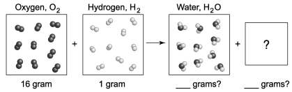 <strong>The following diagram depicts the reaction between gaseous oxygen, , and gaseous hydrogen, , to form water vapor, O. What molecules and how many of them should be drawn in the empty box? How many grams of water are formed under these conditions? How many grams of which chemical remain unreacted? </strong> A)five molecules in empty box; 9 grams of O + 0.5 grams of B)five molecules in empty box; 9 grams of O + 8 grams of C)five O molecules in empty box; 11.3 grams of O + 5.7 grams of O D)ten molecules in empty box; 9 grams of O + 8 grams of