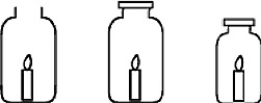 <strong>Three identical candles are placed in the jars shown below and lit at the same time. Jar x is left open while jars y and z are sealed with lids. The candle in which jar goes out first? x y z</strong> A)The candle in jar x will go out first. B)The candle in jar y will go out first. C)The candle in jar z will go out first. D)All the candles go out at the same time.