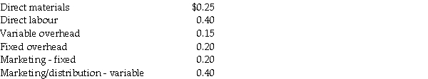 <strong>Ratzlaff Company has a current production level of 20,000 units per month.Unit costs at this level are:   Current monthly sales are 18,000 units.Jim Company has contacted Ratzlaff Company about purchasing 1,500 units at $2.00 each.Current sales would NOT be affected by the one-time-only special order,and variable marketing/distribution costs would NOT be incurred on the special order.What is Ratzlaff Company's change in operating profits if the special order is accepted?</strong> A)$400 increase in operating profits B)$400 decrease in operating profits C)$1,800 increase in operating profits D)$1,800 decrease in operating profits E)$1,500 increase in operating profits <div style=padding-top: 35px> 