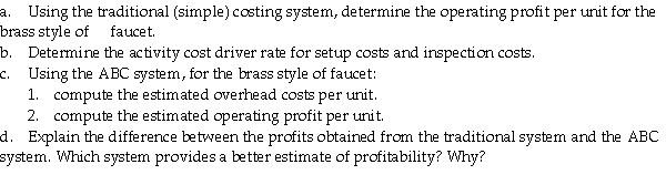 Brilliant Accents Company manufactures and sells three styles of kitchen faucets: Brass,Chrome,and White.Production takes 25,25,and 10 machine hours to manufacture 1,000-unit batches of brass,chrome and white faucets,respectively.The following additional data apply: Required: