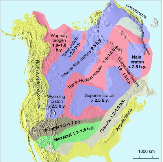 Refer to the geologic province map (fig.13.18)to answer the question(s)below. -What do the 1.8 to 1.7, 1.7 to 1.6, and Grenville belts represent?