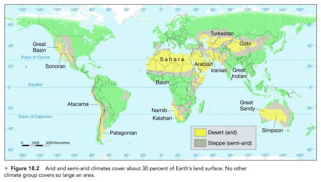 Refer to the world drylands map (fig.18.2)and the atmospheric circulation diagram (fig.18.3A)to answer the question(s)below. -Which desert is a low-latitude, subtropical desert characterized by high atmospheric pressures and descending air masses (not rain shadow deserts).